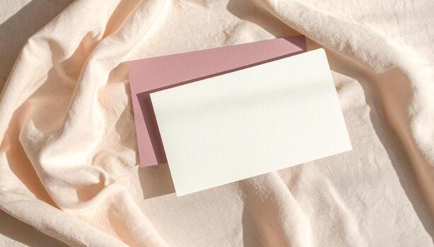 Elegant Flatlay Blank Card and Envelope on Soft Fabric with Natural Light and Shadows photo