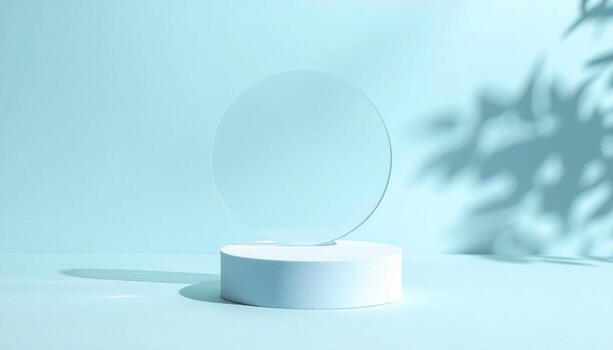 Minimalist Product Display Clean White Podium with Frosted Glass Disk and Leaf Shadow Overlay Pastel Blue Background photo