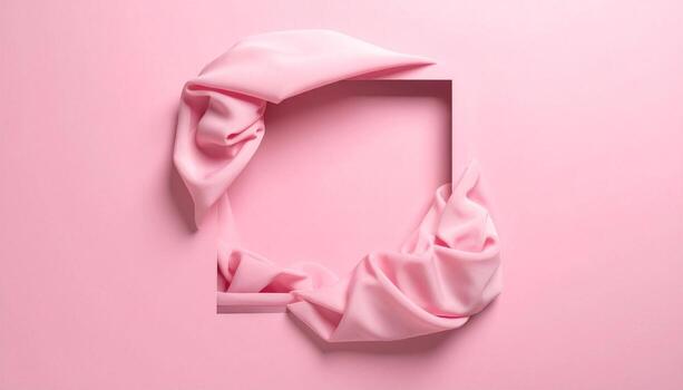 Elegant Pink Silk Fabric Flows Around Square Frame on Pastel Background Luxury Design Element photo