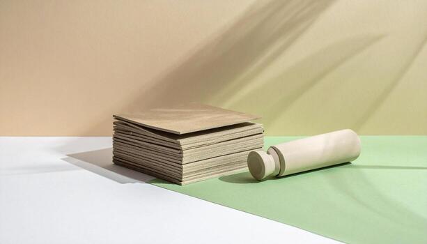 Minimalist Still Life Stack of Kraft Paper Squares with Cylindrical Object and Leaf Shadows photo