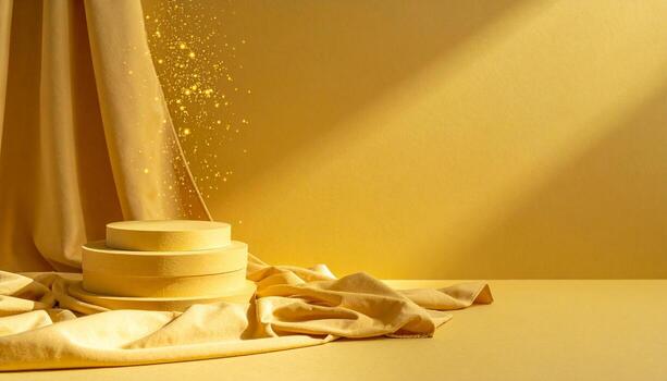 Luxury Yellow Podium with Golden Glitter and Fabric Drapes Product Display Award Stage Presentation Background photo