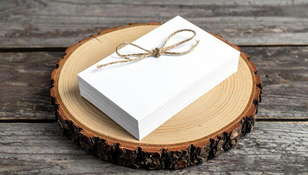 Blank White Business Card Mockup Tied With Twine on Rustic Wooden Slice Customizable Template for Branding and Design photo