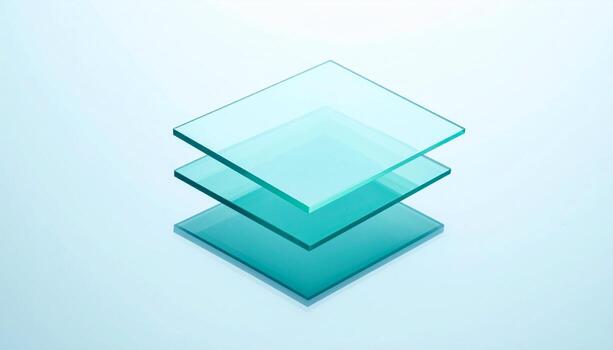 Abstract Stacked Transparent Glass Sheets on Light Blue Background Modern Geometric Design photo