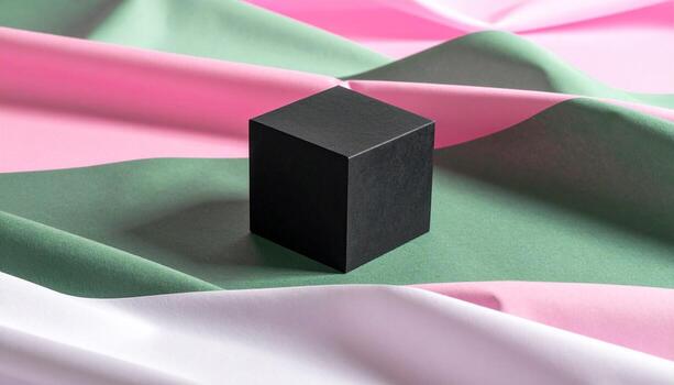 Minimalist Black Cube on Wavy Pastel Pink and Green Fabric Background Abstract Geometric Design photo