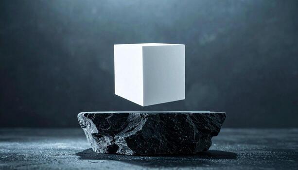 Levitating White Cube Balanced Mysteriously Above Jagged Black Rock Concept of Balance Gravity Defiance and Mysticism in 3D Render photo