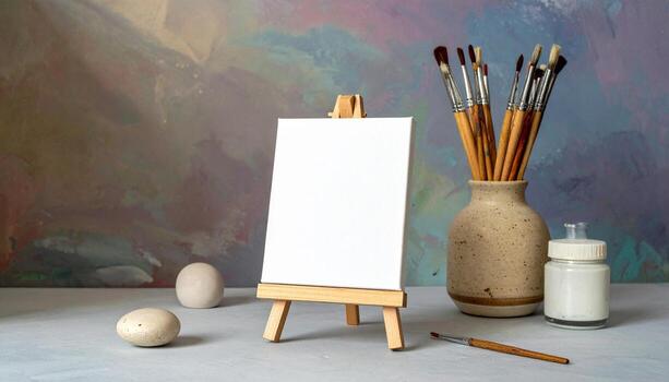 Art Studio Still Life Blank Canvas on Easel Paint Brushes in Vase and Artistic Background photo