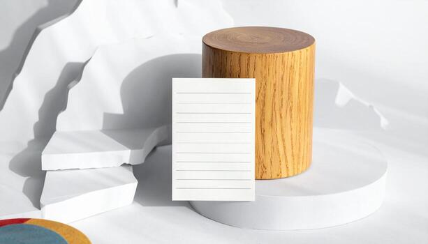 Minimalist Product Mockup with Blank Lined Card Wooden Cylinder and Geometric White Shapes Clean Studio Setup for Design Presentation photo