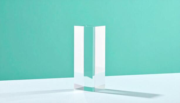 Clear Glass Prism Block on White Surface with Teal Background Minimalist Design Element photo