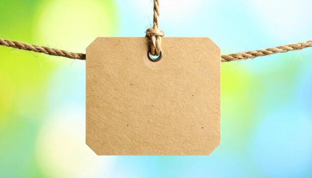 Blank Kraft Paper Tag Hanging on Twine with Soft Bokeh Background photo