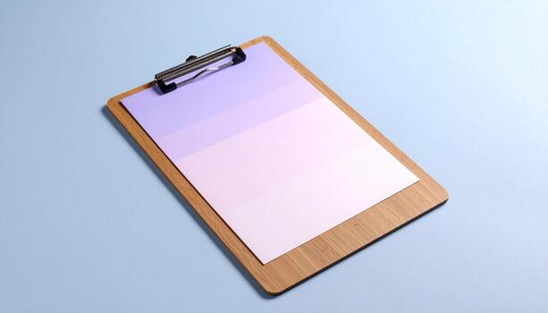 Blank Clipboard with Gradient Paper on Pastel Blue Background Minimalist Office Supplies for Design Mockups and Presentations photo