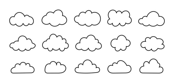 Outline clouds. Puffy, cumulus flat clouds. Doodle fluffy clouds set. Cloudy forms samples in black contour. Weather element simple templates. Hand drawn thin cute icons. Objects cloudscape mockups. vector