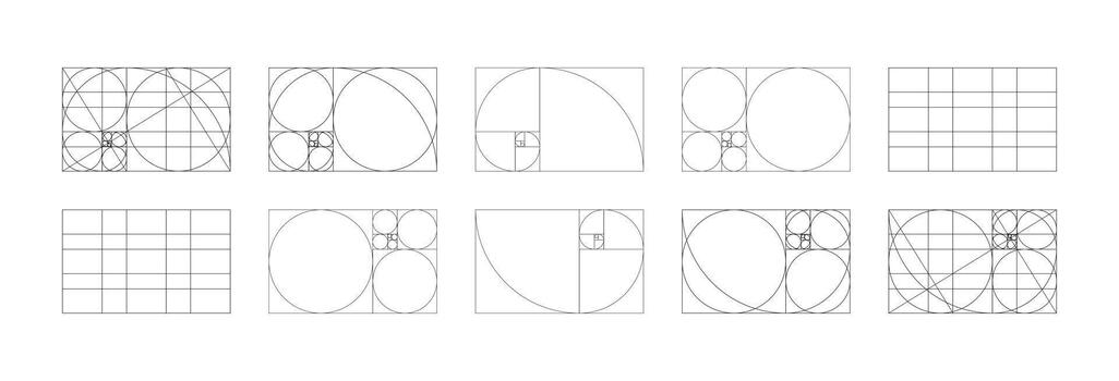 Golden ratio samples. Fibonacci array, numbers forms. Harmony proportions black frames big set. Method golden section flat icons. Golden Spiral patterns. Outline graphic thin printable illustrations. vector