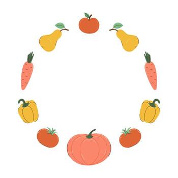 Round frame of red and orange vegetables and fruits in flat style with partial outline. Autumn and harvest concept. illustration. vector