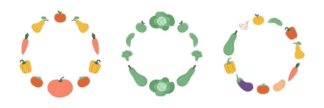 Set of 3 round frames with vegetables and fruits in flat style with partial outline. Autumn and harvest concept. illustration. vector