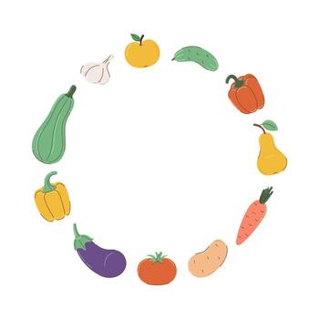 Round frame of colorful vegetables and fruits in flat style with partial outline. Autumn and harvest concept. illustration. vector