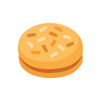 Round cookie with cream filling and colorful sprinkles in flat cartoon style on white background. vector