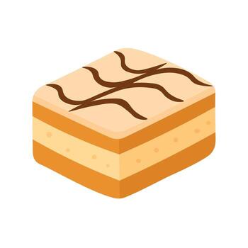 Layered vanilla pastry slice with chocolate pattern on top in flat cartoon style on white background. vector