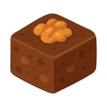 Chocolate brownie square with walnut topping in flat cartoon style on white background. vector