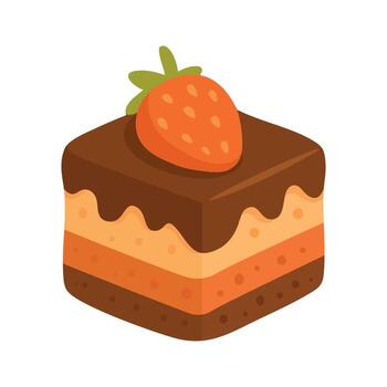 Chocolate layered cake square with strawberry topping in flat cartoon style on white background. vector