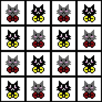 Cute Pixel cats pattern with red and yellow bows vector