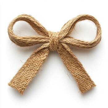 A jute bow on a white background in a close up studio shot photo