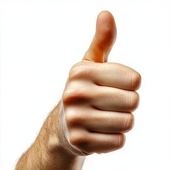 A hand giving a thumbs up gesture on a white background shot photo