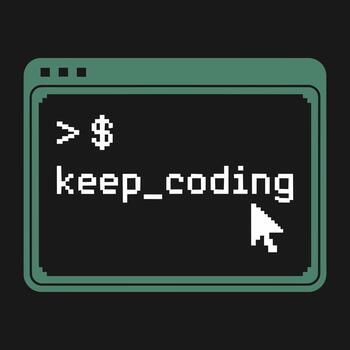 camiseta diseño, retro computadora terminal pantalla, verde texto en negro fondo, línea de código mantener codificación con parpadeo cursor, mínimo estilo vector