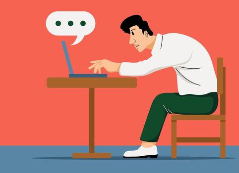 hombre trabajando en ordenador portátil a escritorio, enviando mensaje, habla burbuja vector