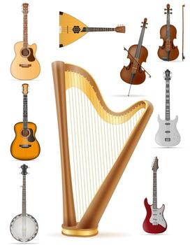 Collection of musical instruments with a harp vector
