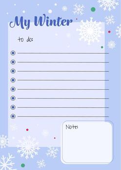 Winter season to-do list, cute memo and reminder for writing down the task. A page for text, template of notebook paper. illustration. vector