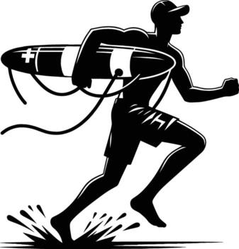 Running lifeguard holding a safety float with white backdrop vector