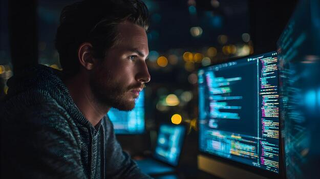 Male programmer focused on coding at computer screens with vibrant city lights in the background photo