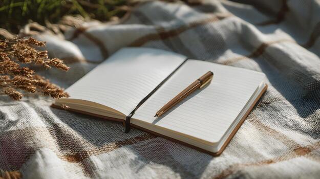Open notebook with blank pages and a pen resting on a cozy blanket in a natural setting photo