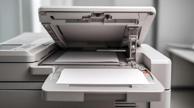 Office printer with open lid and blank paper ready for copying in modern workspace environment photo