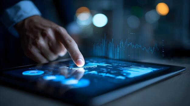 Businessman interacting with digital tablet displaying data analytics and graphs in modern office photo