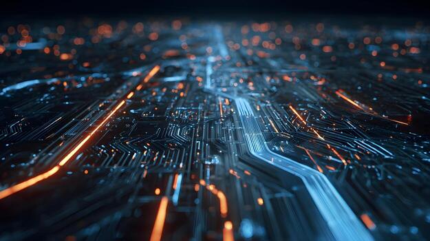 Futuristic circuit board design with glowing lines and intricate patterns showcasing technology photo