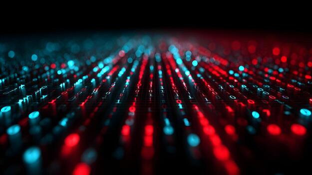 Digital binary code flowing in vibrant red and blue colors creating a futuristic data landscape photo
