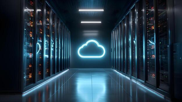Data center corridor with illuminated cloud symbol and server racks creating a modern atmosphere photo