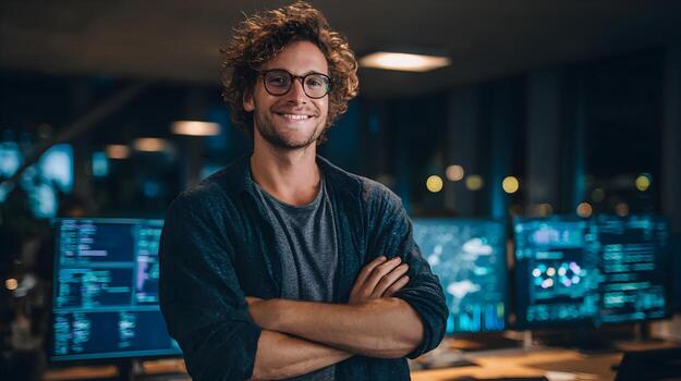 Smiling man with curly hair stands confidently in a modern office with multiple computer screens photo