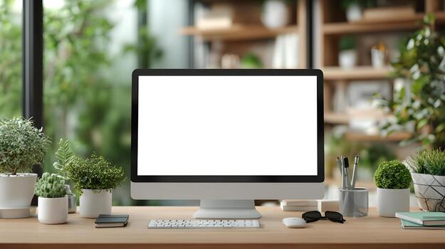 Modern workspace with computer monitor, plants, and natural light creating a serene atmosphere photo