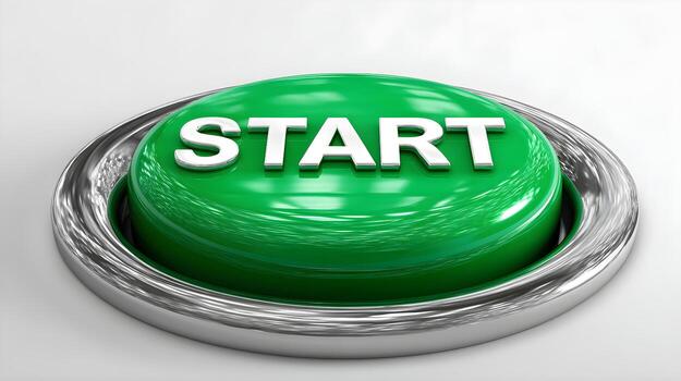 Green start button with metallic rim, symbolizing initiation and action in digital interfaces photo