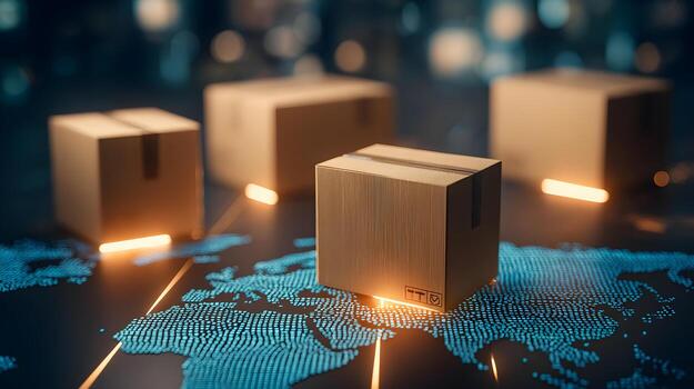 Wooden delivery boxes placed on a digital map with glowing elements representing logistics network photo