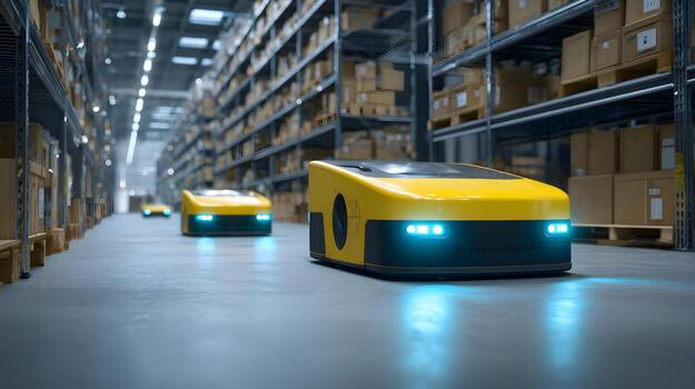 Automated delivery robots navigating through a modern warehouse filled with stacked boxes photo