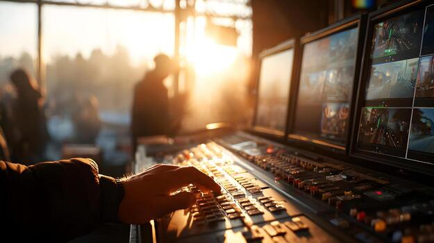 Operator adjusting sound controls at a live event with monitors displaying vibrant visuals photo