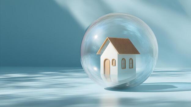Miniature house encapsulated in a transparent bubble on a soft blue background with light reflections photo