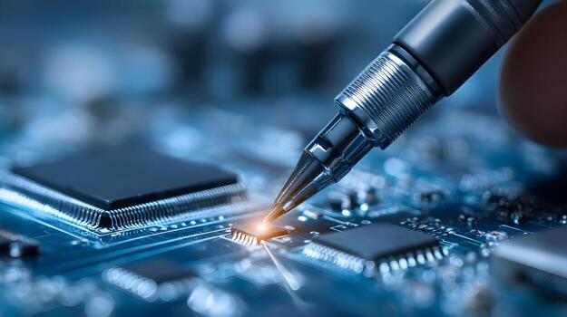 Close-up of a hand using a pen on a circuit board with microchips and electronic components photo