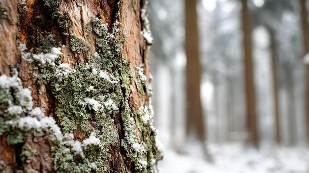 Close-up of tree bark covered in moss and snow with blurred forest background atmosphere photo
