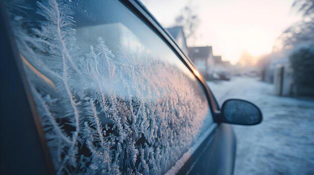 escarchado coche ventana con intrincado hielo patrones reflejando Mañana ligero en un invierno ajuste foto
