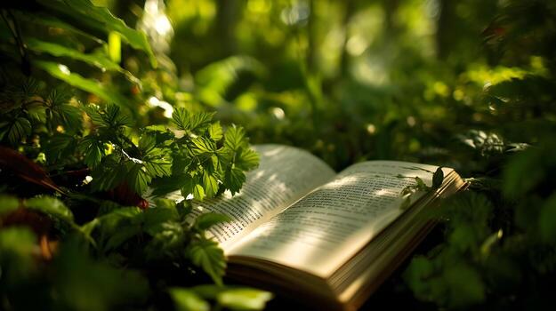 Open book resting on lush green foliage in a serene forest setting with soft sunlight filtering through photo
