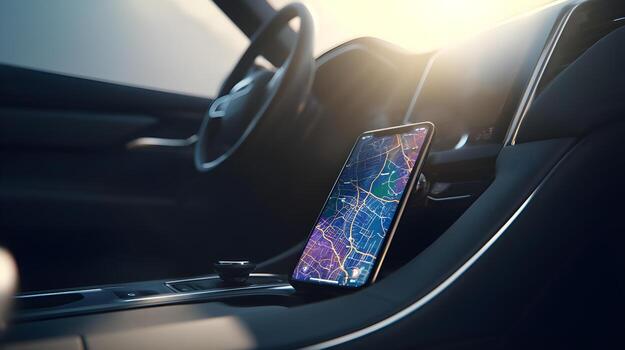 Smartphone mock up displaying navigation map on car dashboard with modern interior design photo